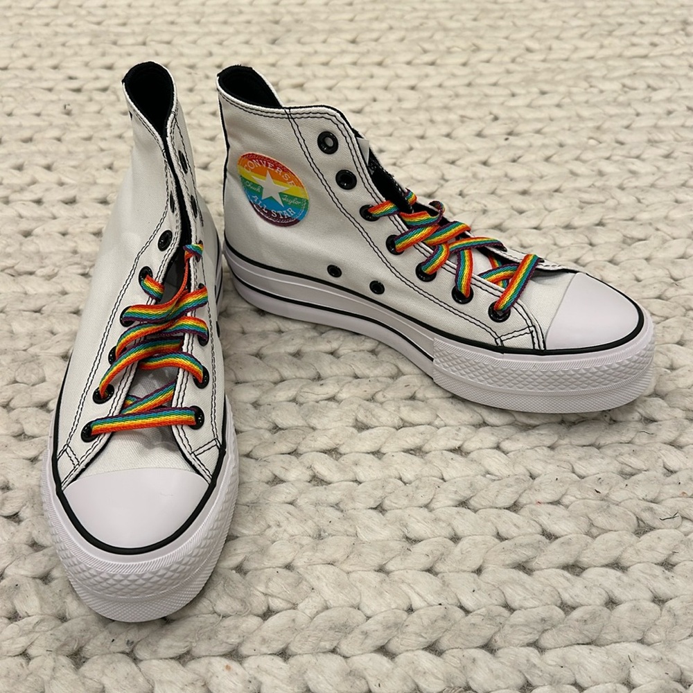 BRAND NEW white and rainbow platform high top converse, women’s size 6.5!